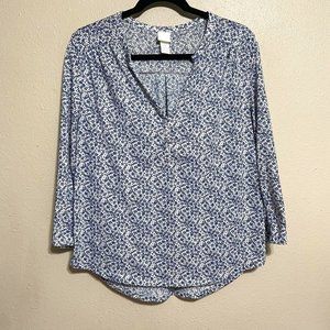 H&M Womens Top Shirt Blouse White Blue Patterned Size Medium EUC